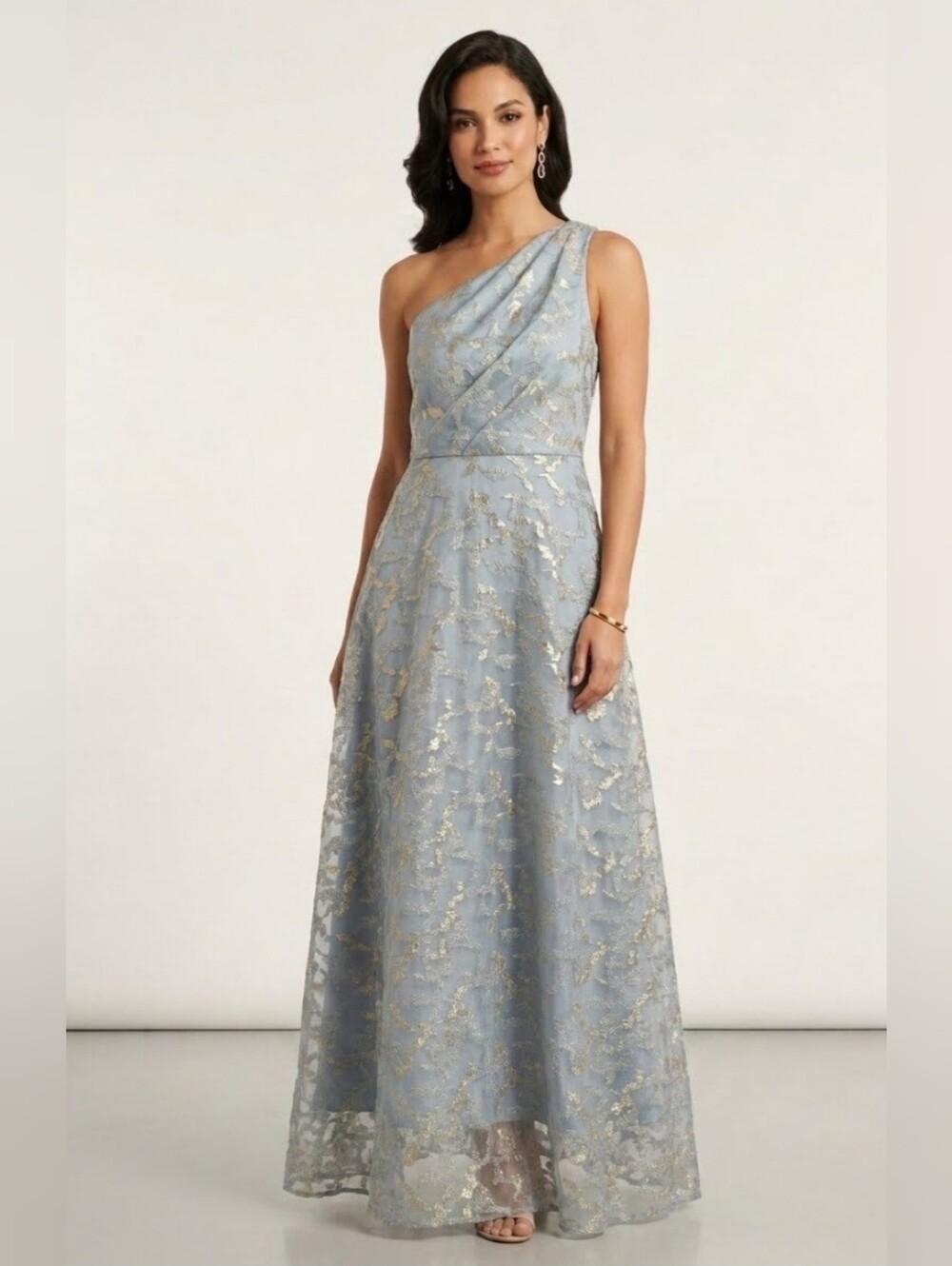 Adrianna Papell Shimmer Ice Blue Gown One- Shoulder Dress, Metallic Size 12 NEW